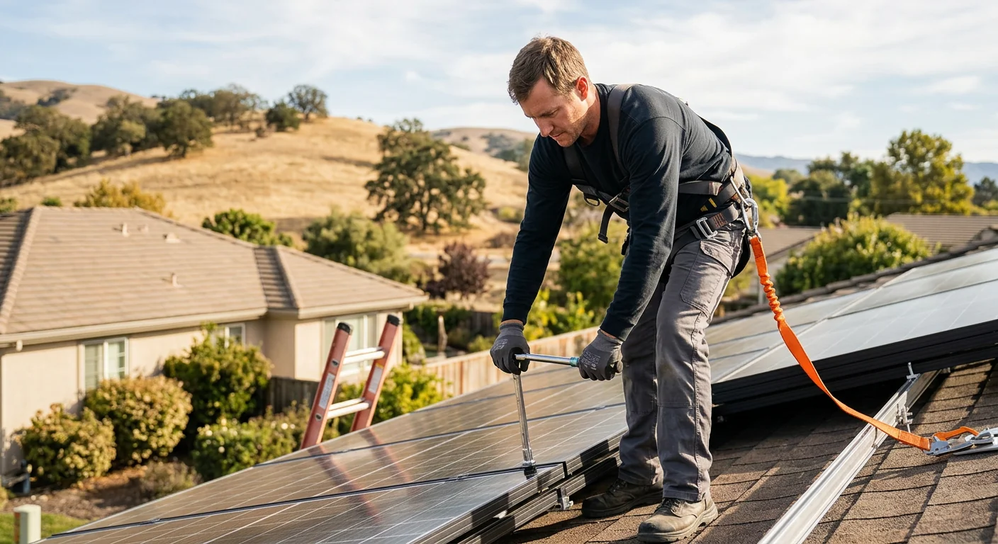 Technician inspecting commercial rooftop for solar array layout in Gilroy