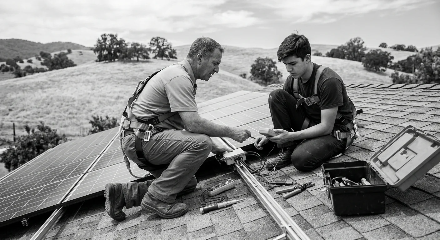 Technician reviewing commercial solar panel layout on a Gilroy rooftop