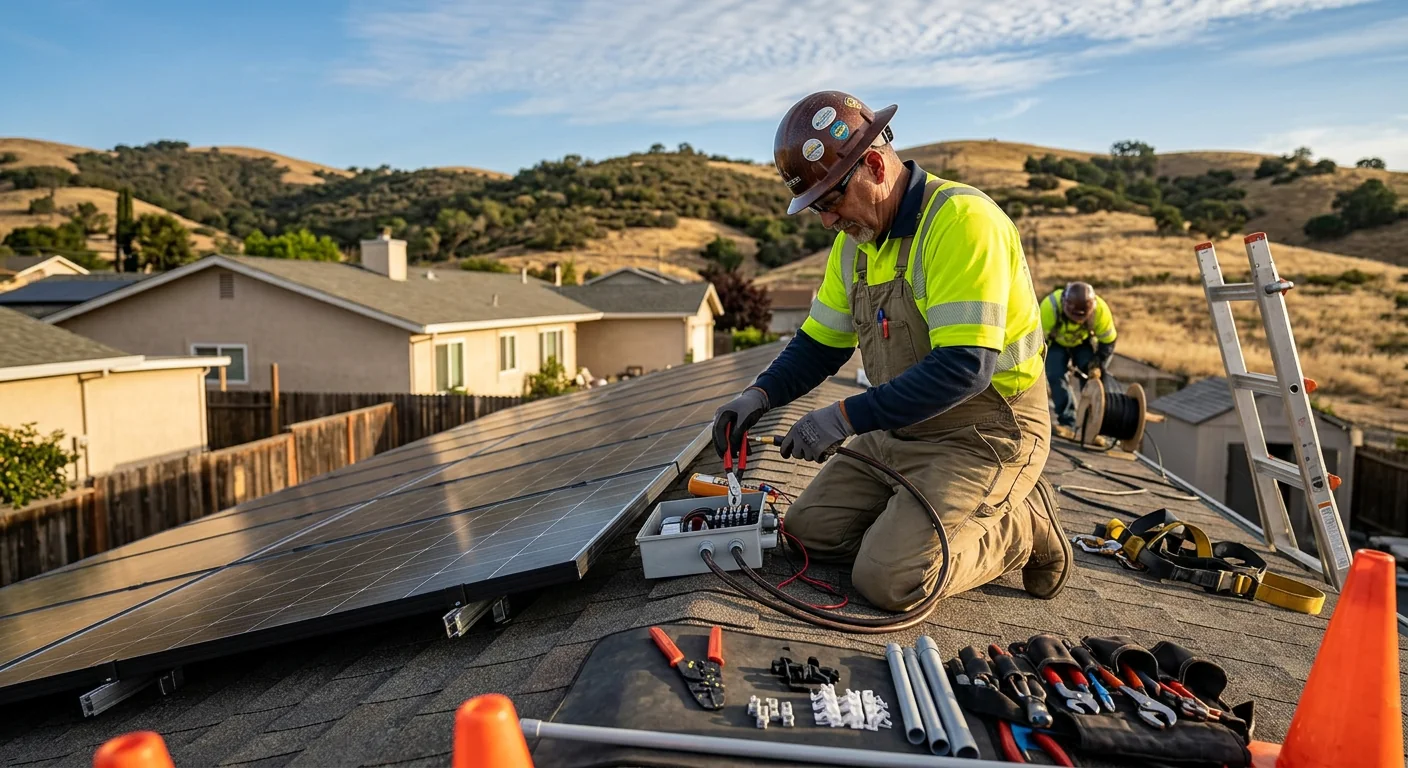 Technicians mounting solar panels on a flat commercial roof in Gilroy