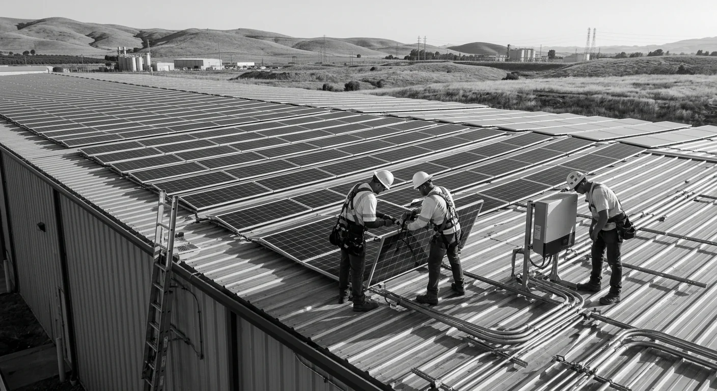 Wide shot of a Gilroy warehouse rooftop covered in newly installed solar panel arrays