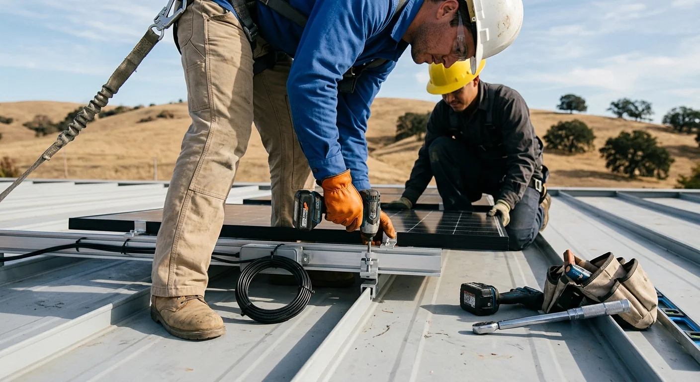 Close-up of racking clamps securing panels to a standing-seam commercial roof