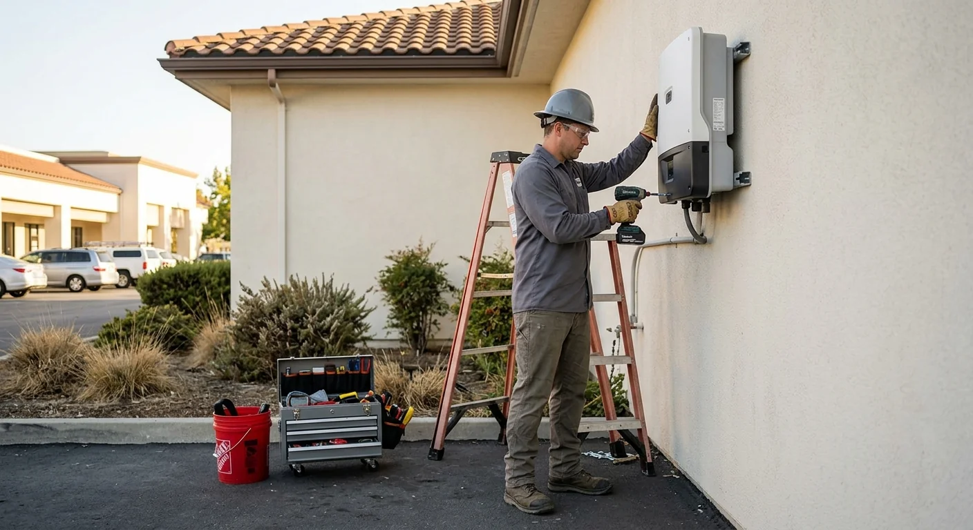 Technician mounting a string inverter on an exterior wall at a Gilroy business site