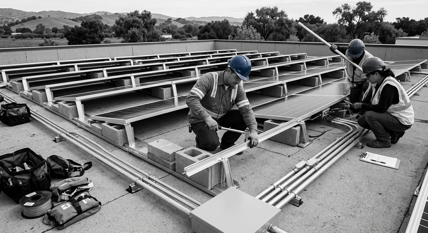 Ballasted flat-roof solar array with weighted trays and neatly routed conduit