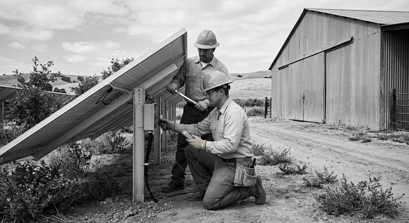 Ground-mount solar structure installed beside an agricultural building in Gilroy