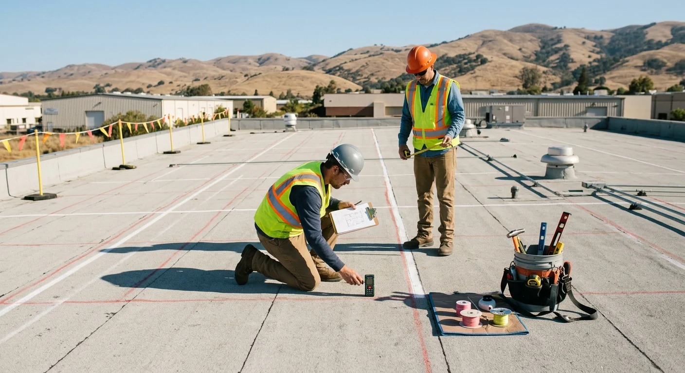 Before-context view of an empty commercial rooftop marked for panel layout