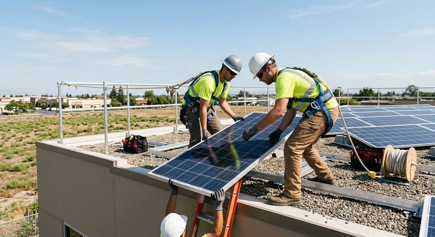 Crew lifting solar modules onto a retail rooftop with fall protection in place