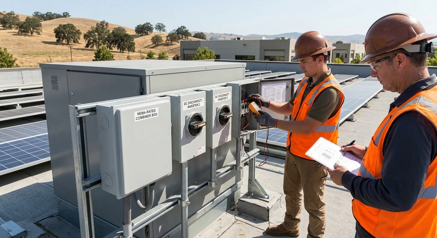 Finished multi-tenant office solar system with combiner box and labeled disconnects
