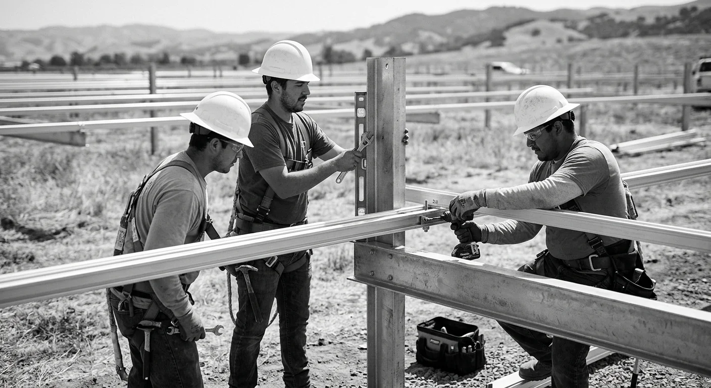 Trained crew securing racking on a commercial solar array in Gilroy