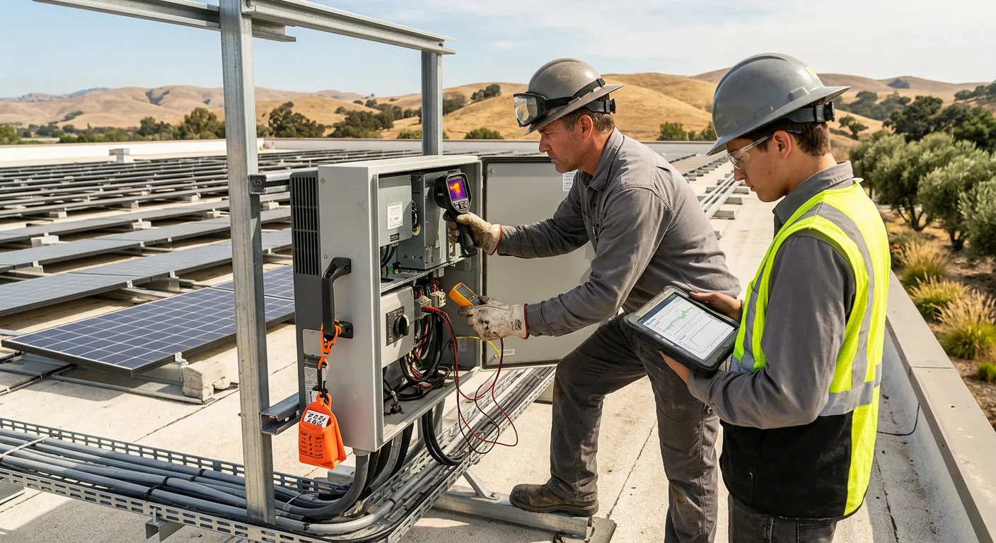 Technician testing inverter and monitoring output during commercial solar commissioning
