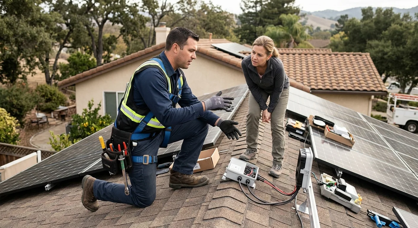 Technician reviewing off-grid battery bank and inverter sizing for a Gilroy home