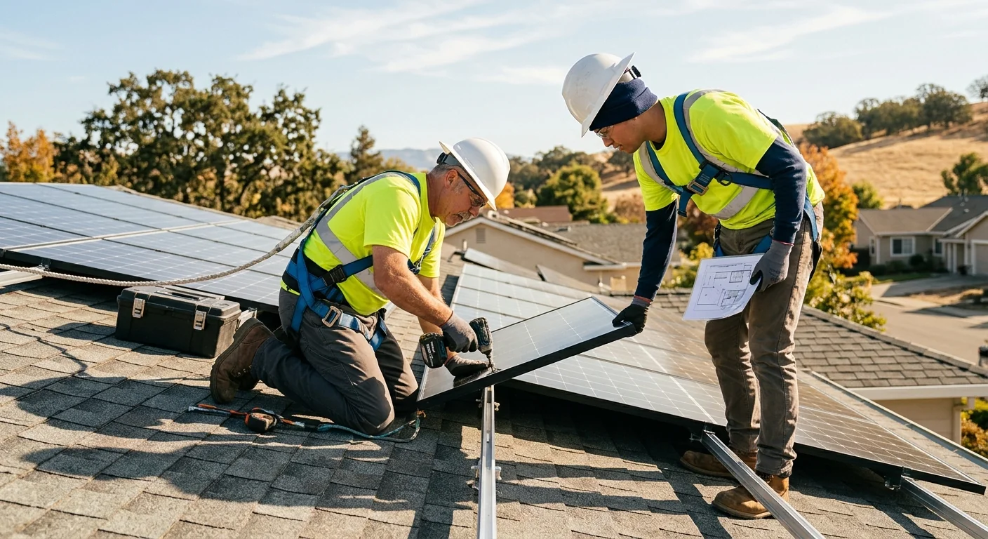 Technician inspecting off-grid solar array and battery bank at a Gilroy home