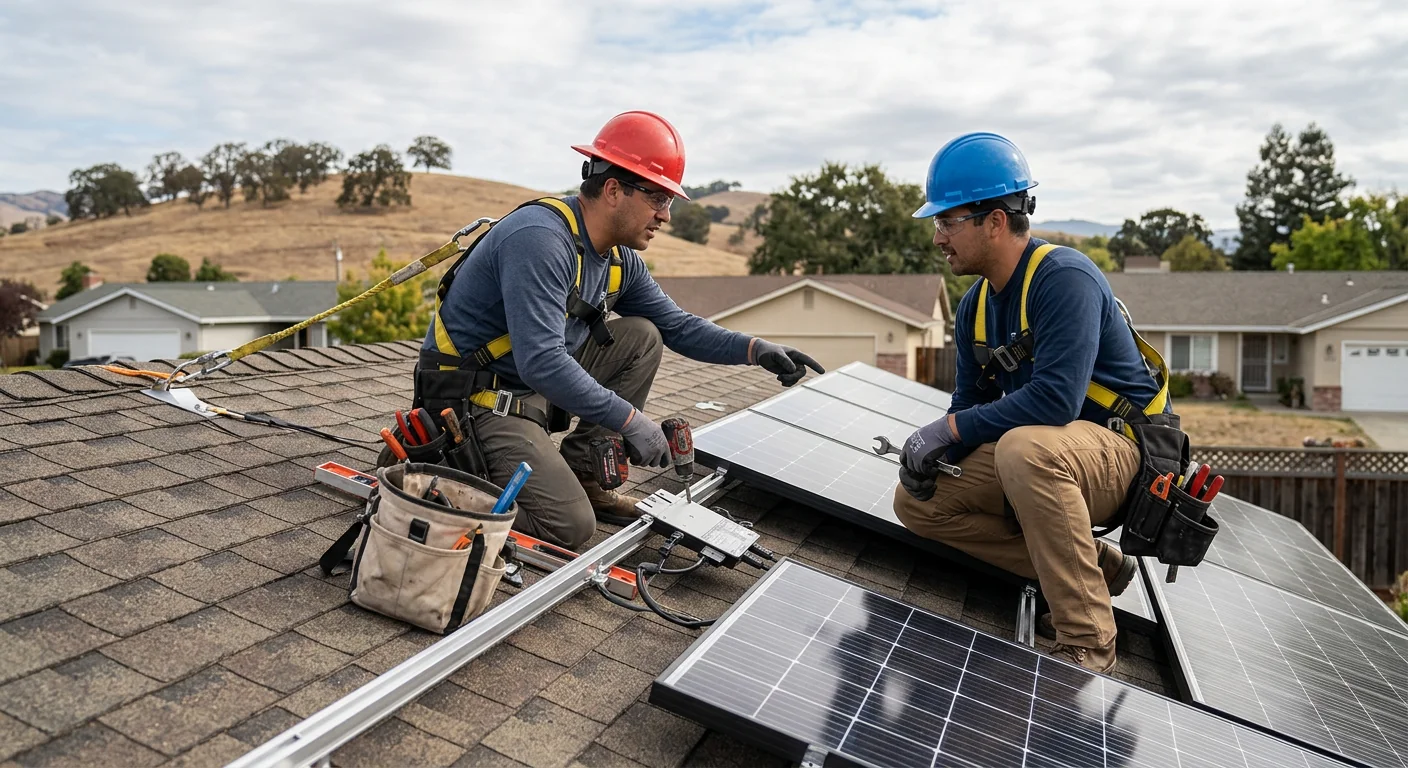 Technician wiring an off-grid battery bank at a rural Gilroy home