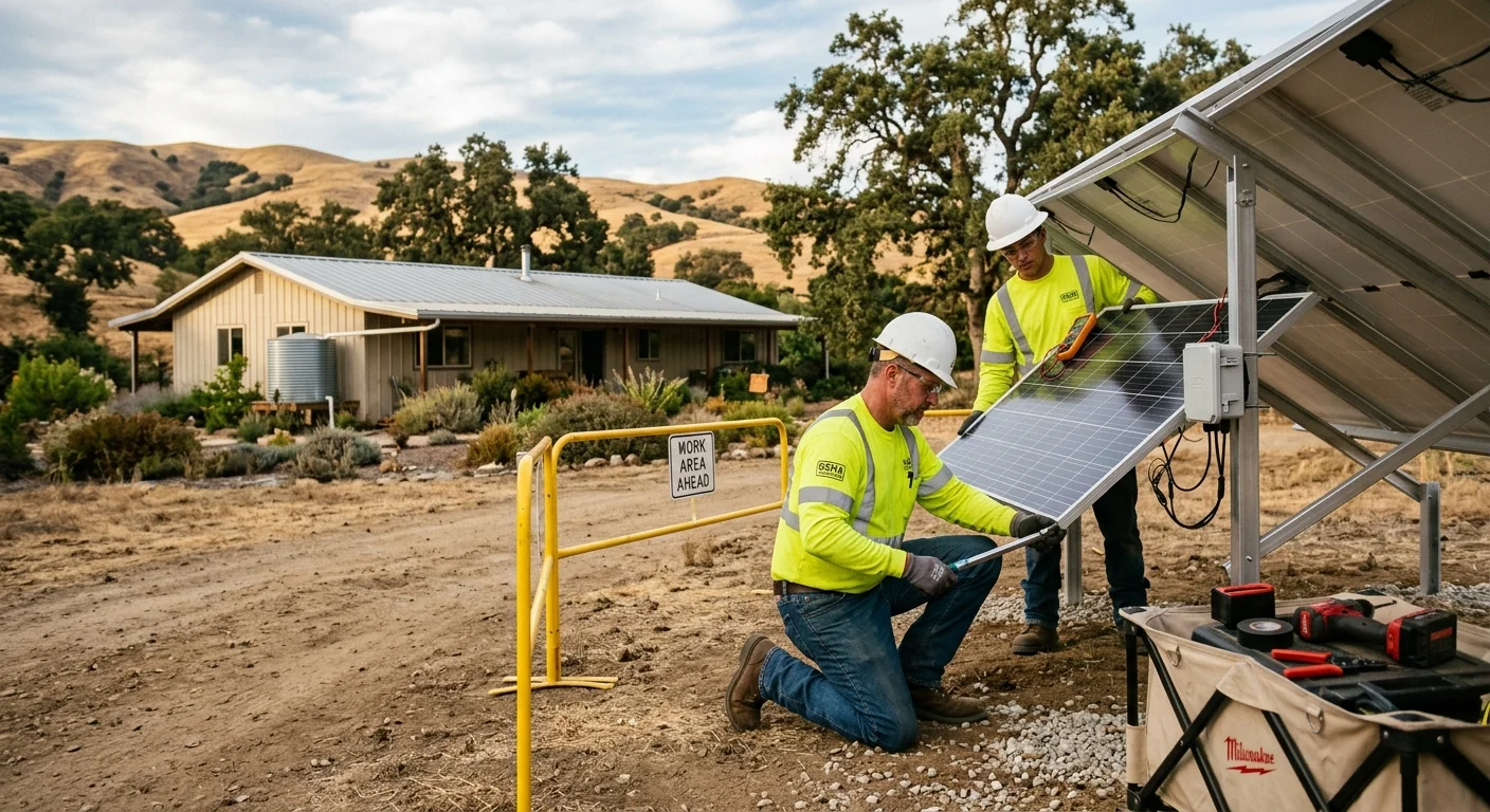 Ground-mount solar array powering an off-grid rural home outside Gilroy