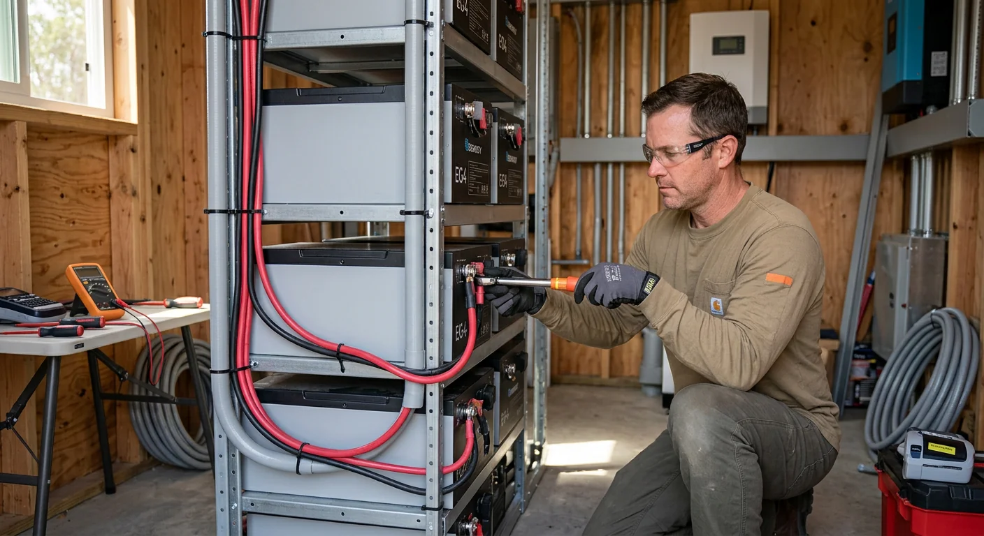 Close-up of lithium battery bank wired inside an off-grid equipment room