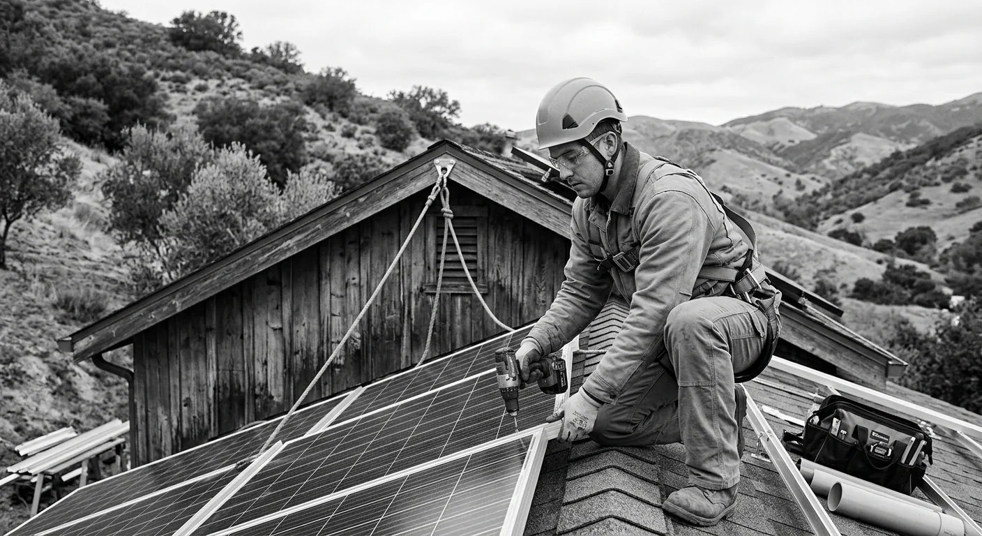 Technician mounting solar panels on a hillside cabin roof with safety gear