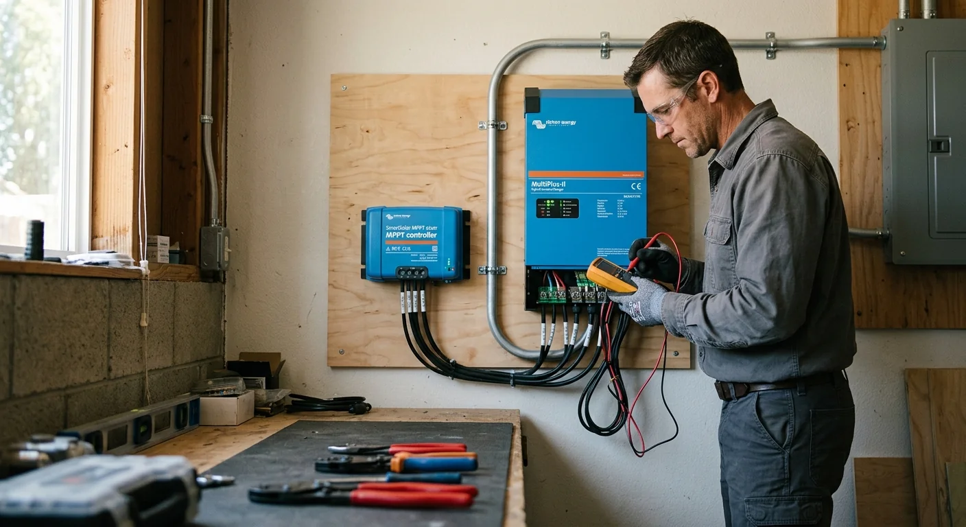 Charge controller and hybrid inverter installed on a workshop wall