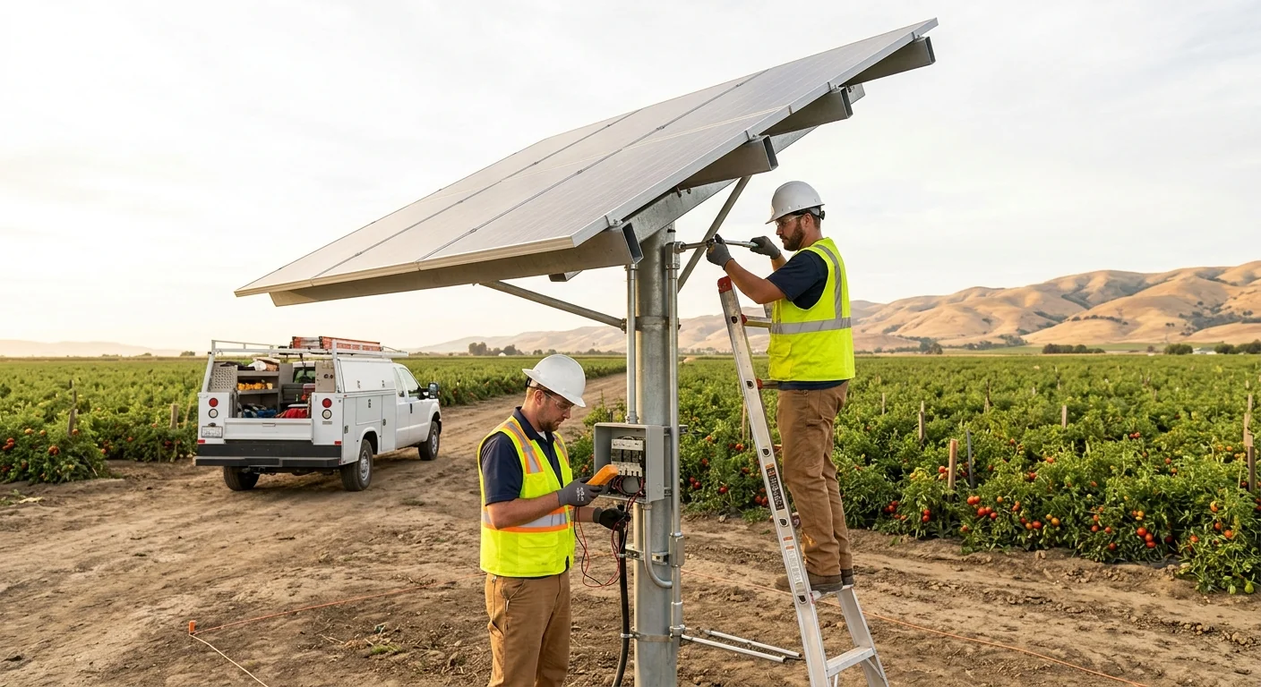 Wide shot of pole-mounted solar array in a remote agricultural field