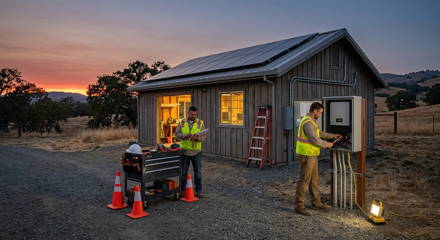 Finished off-grid solar system feeding a detached workshop at dusk