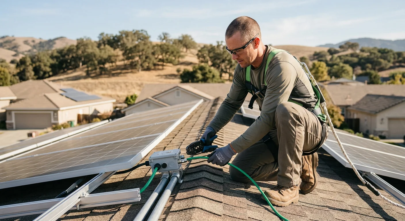 Trained technician grounding off-grid solar wiring safely on a Gilroy rooftop