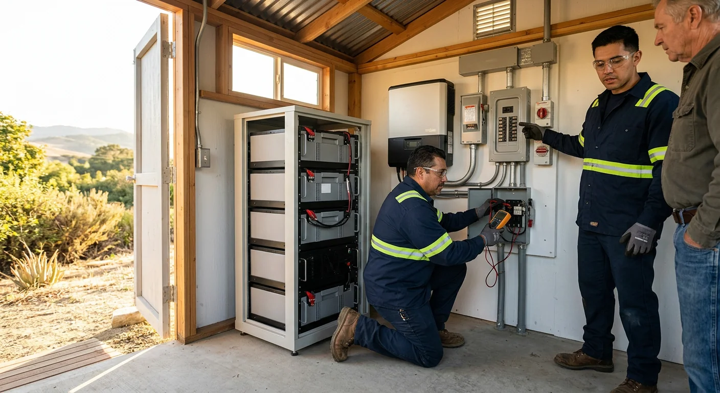 Battery storage and inverter setup inspected during off-grid solar handover in Gilroy