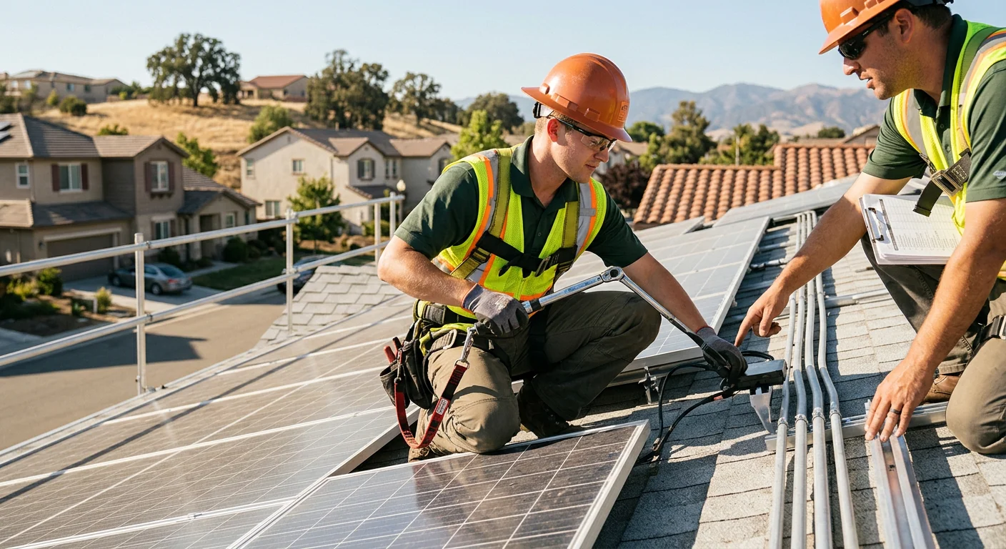 Technician reviewing solar panel layout on a Gilroy home roof during assessment