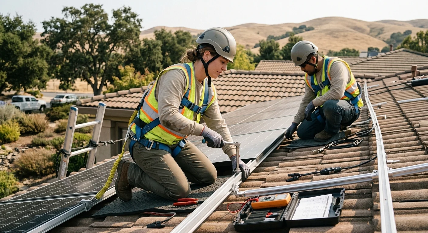 Technician reviewing rooftop solar layout on a Gilroy home before installation