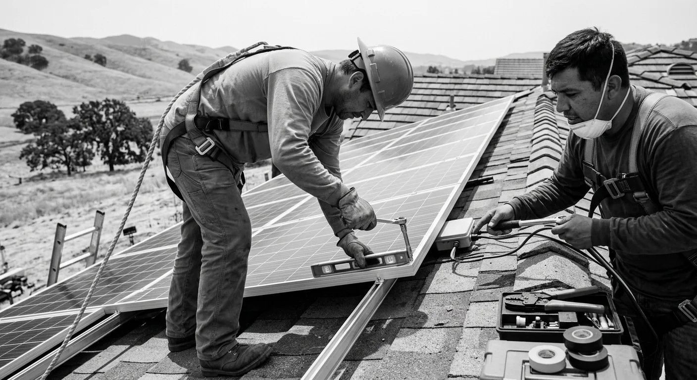 Solar technician reviewing panel layout plans on a Gilroy residential rooftop