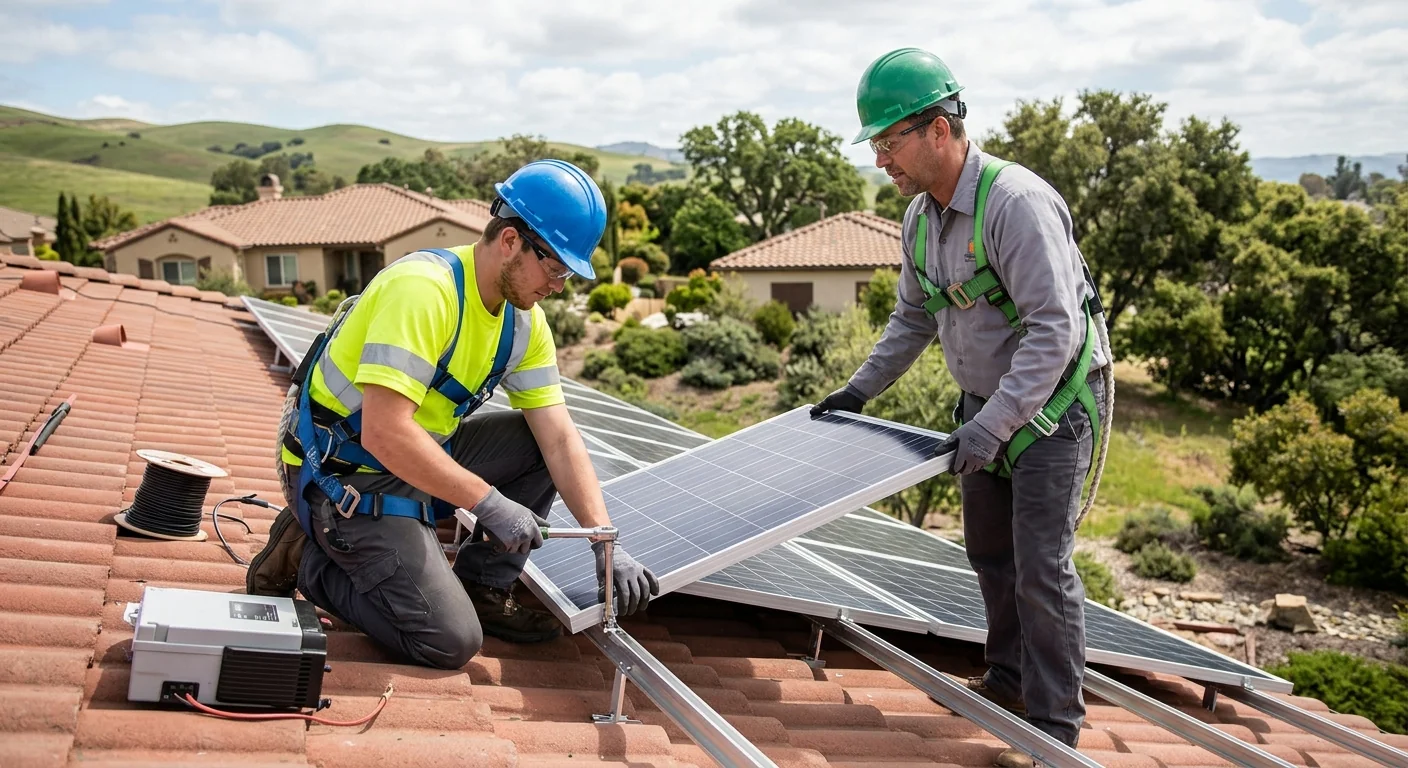 Technicians mounting rooftop solar panels on a Gilroy home during installation