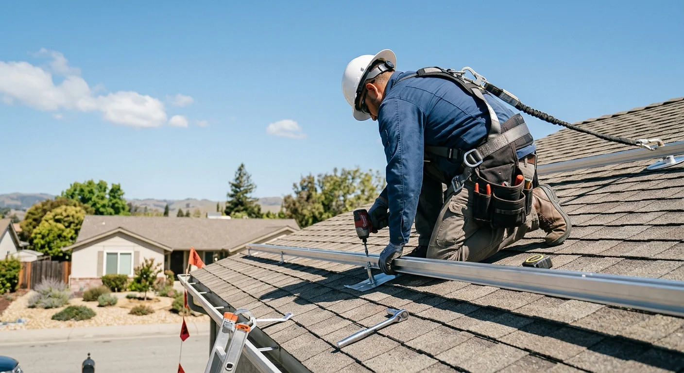 Technician mounting roof rails on a Gilroy home with fall-protection harness