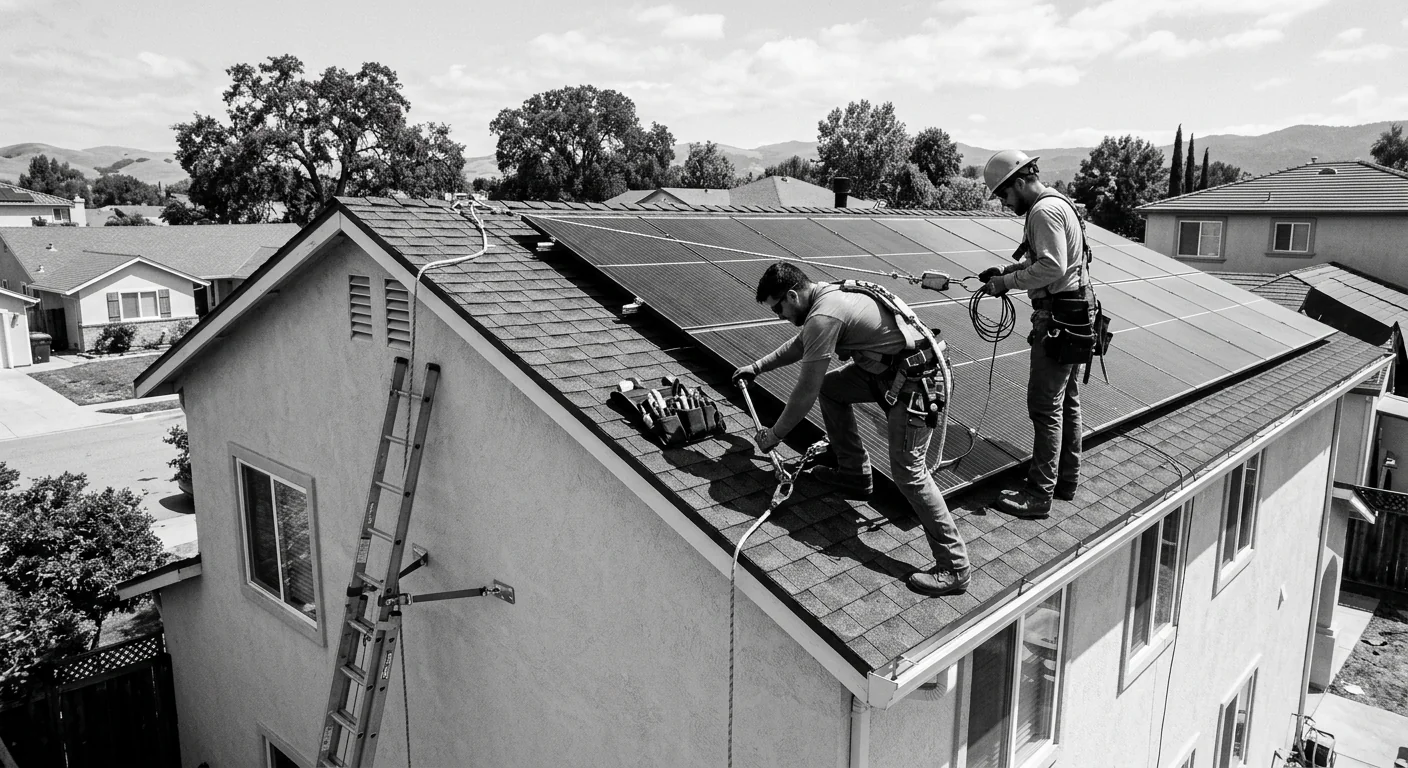 Finished rooftop solar array on a two-story residential home