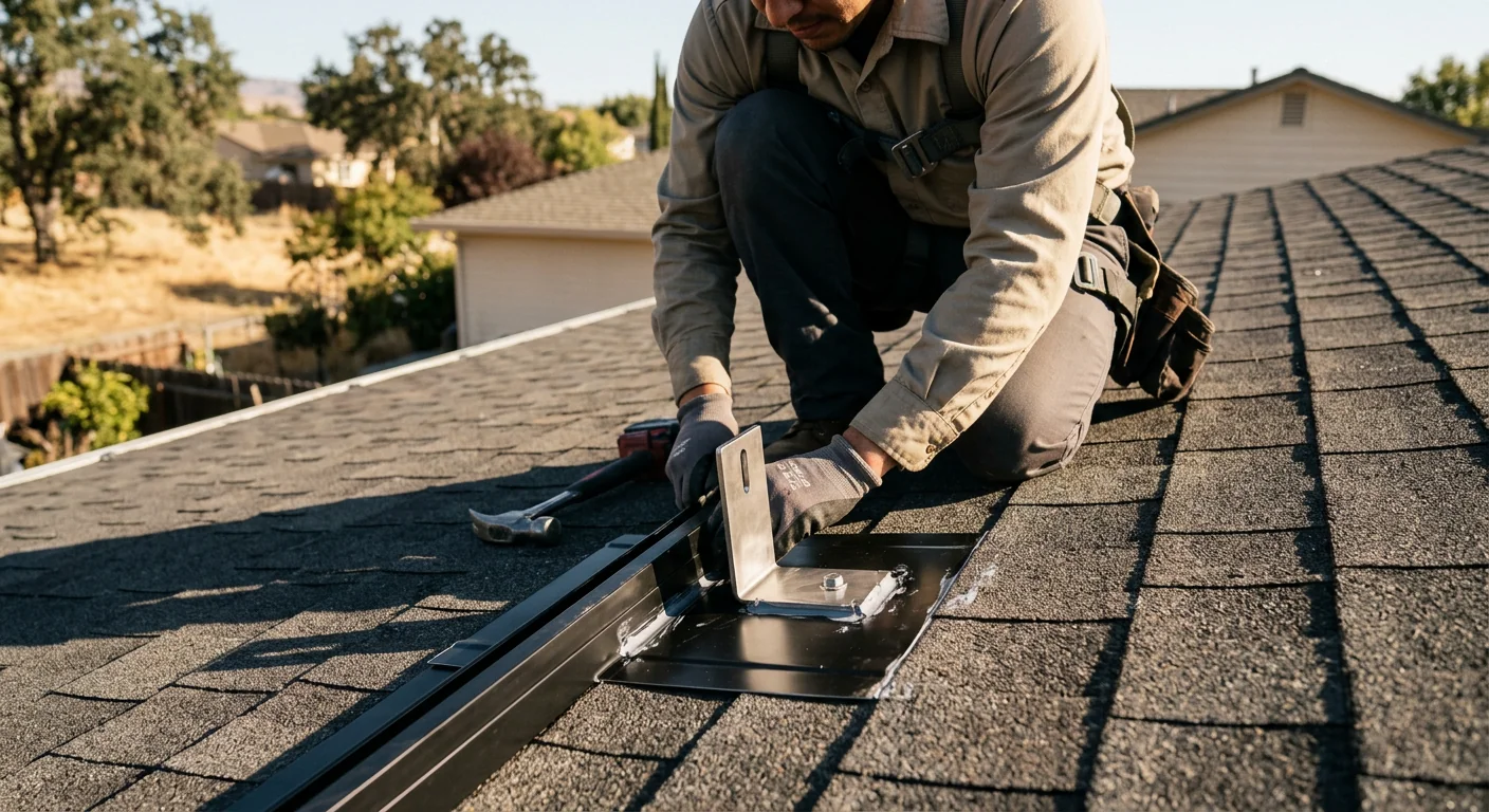 Close-up of sealed roof penetration and flashing under a mounting bracket