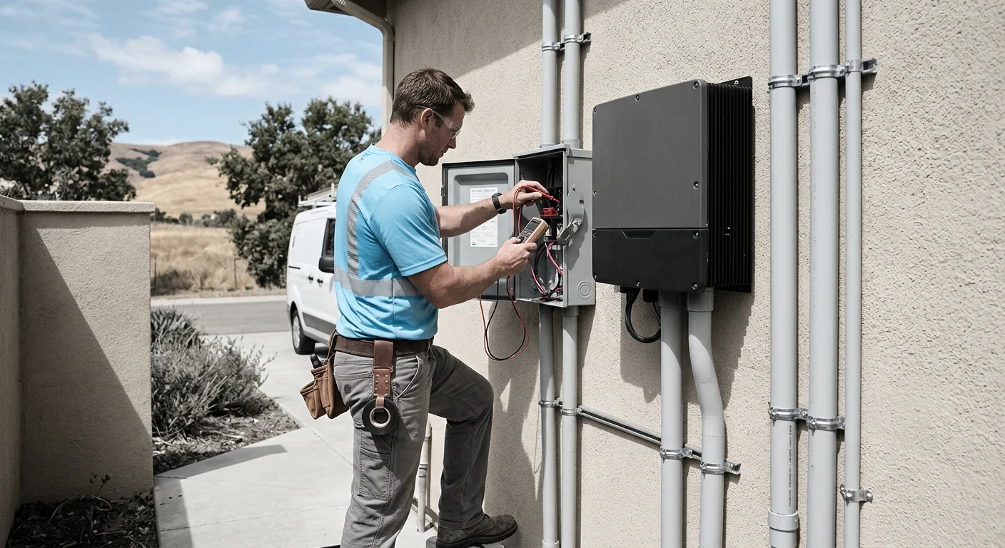 Ground-level view of solar inverter and conduit on a home exterior wall