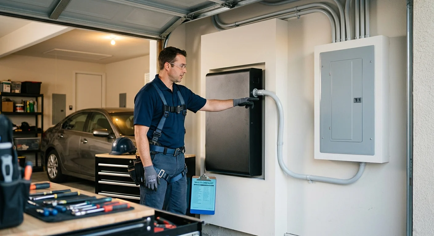 Battery storage unit mounted in a residential garage beside electrical panel