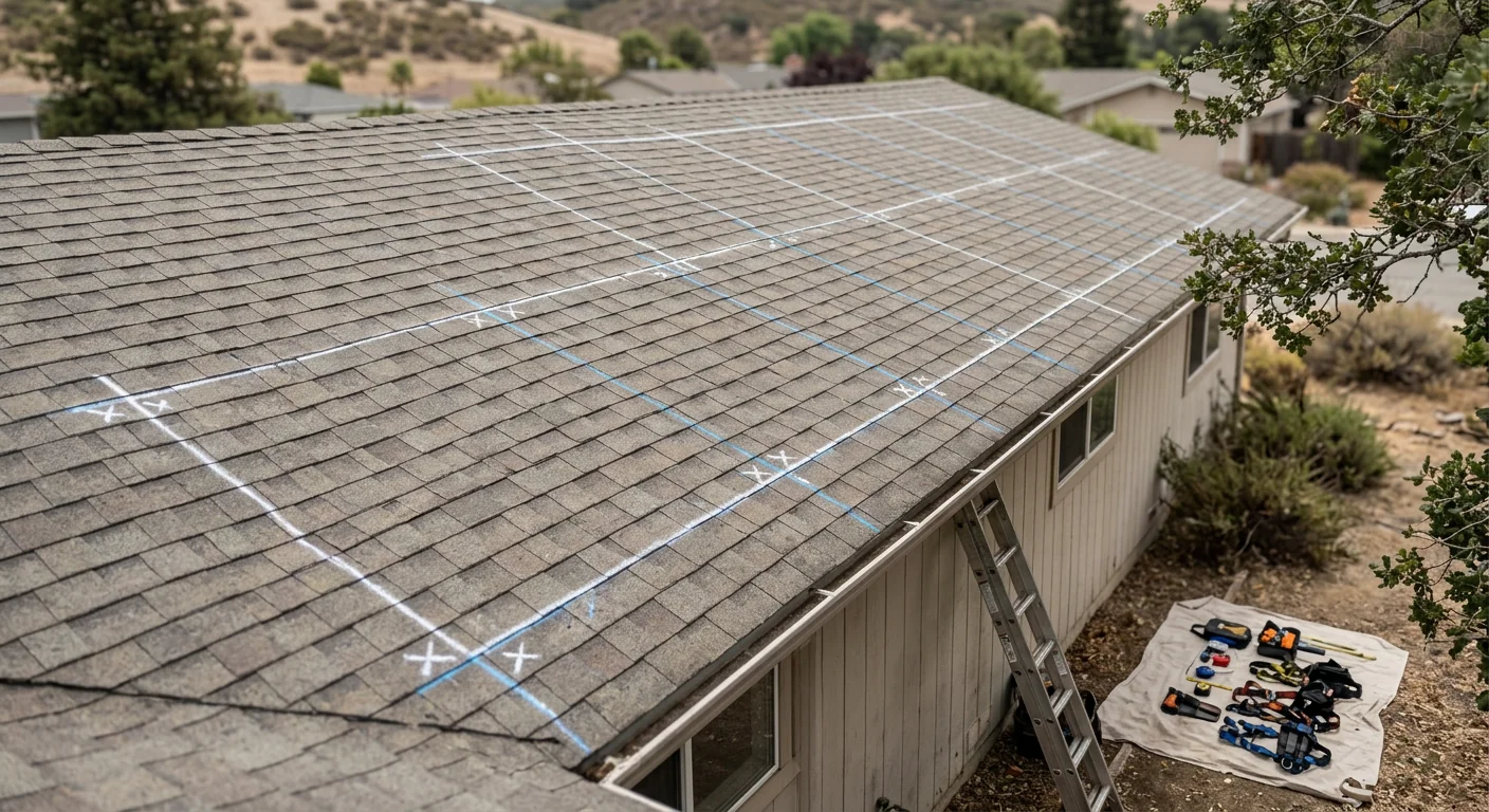 Before-context shot of an empty older roof prepared for panel mounting