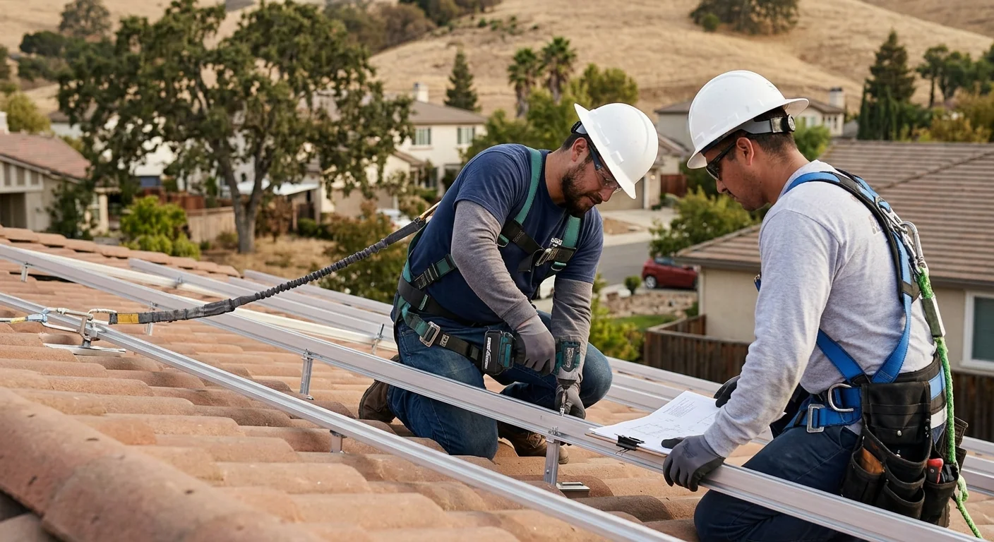 Solar crew safely securing panel racking on a residential roof in Gilroy