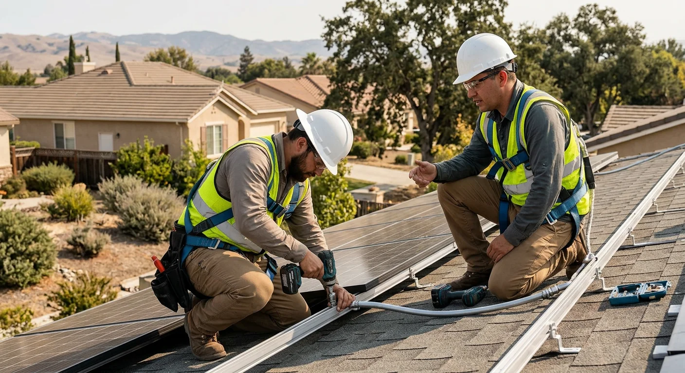 Technician reviewing electrical panel before solar battery installation in a Gilroy home