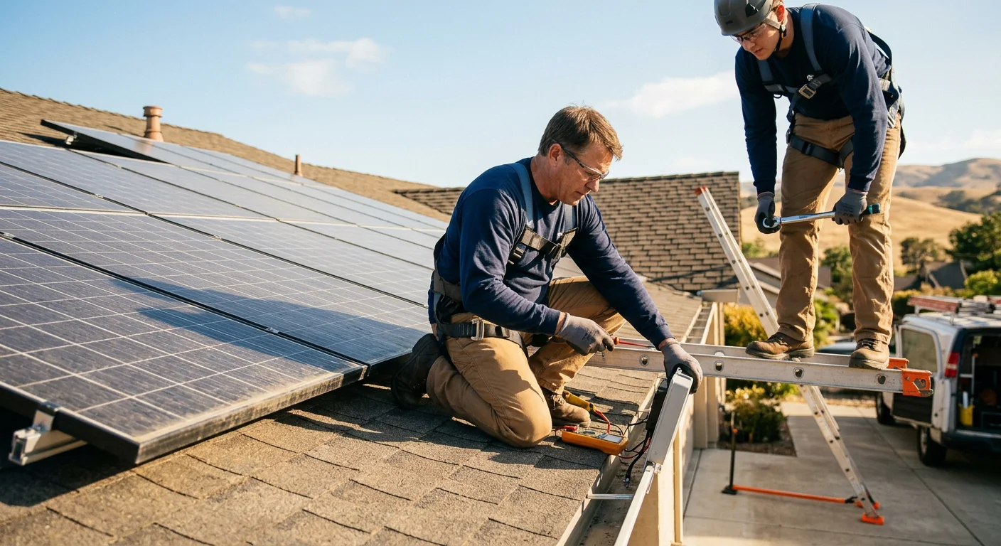 Technician mounting a solar battery storage unit beside a home electrical panel in Gilroy