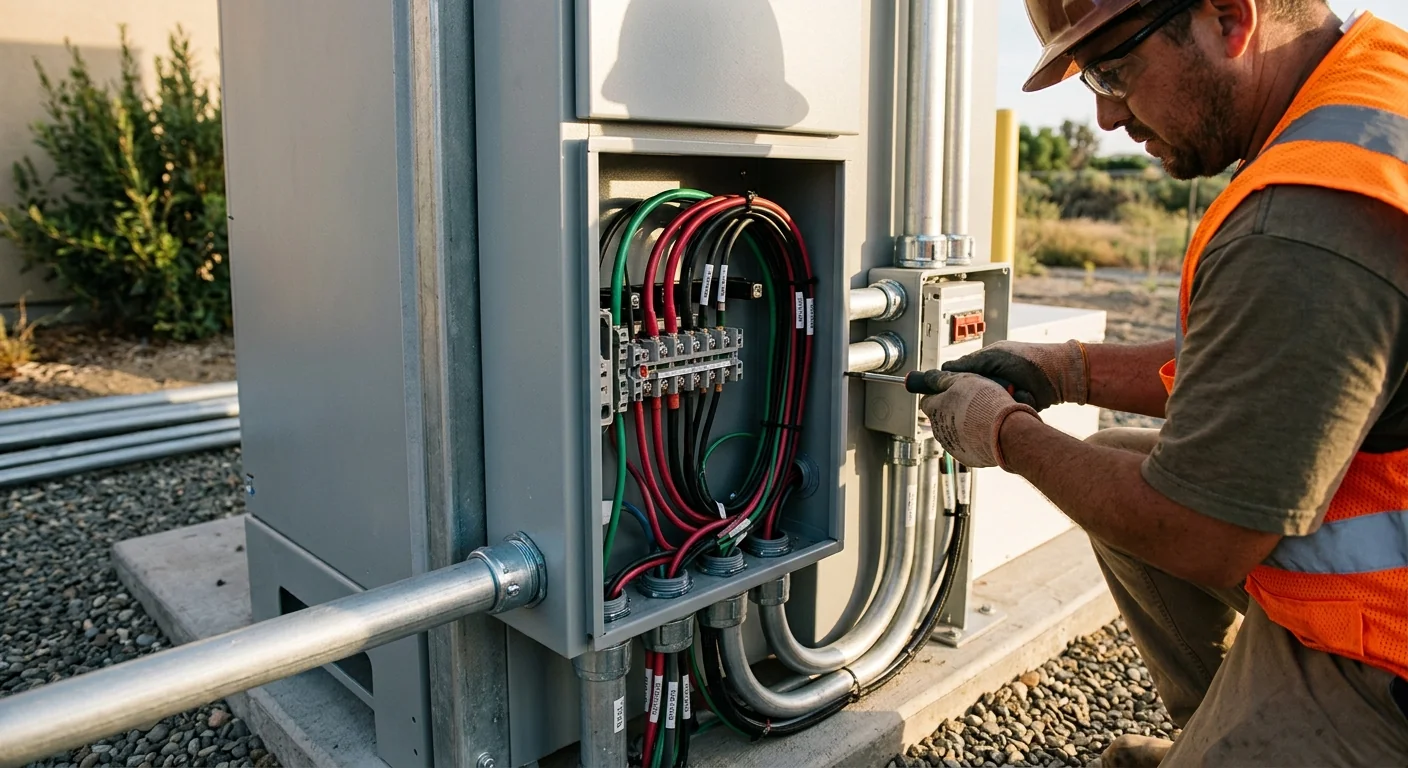 Close-up of conduit and rapid-shutdown wiring at a battery enclosure