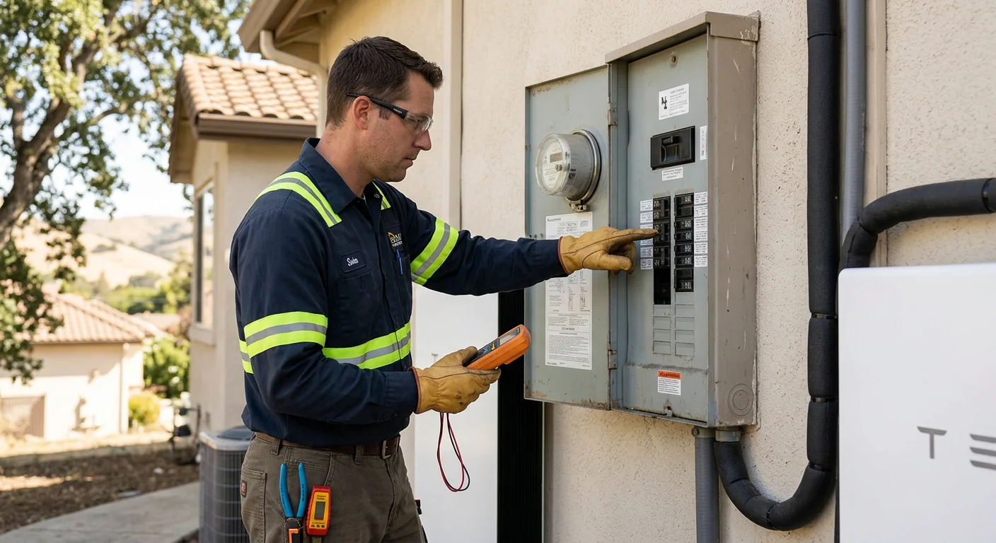 Technician checking service panel breakers before battery connection in Gilroy