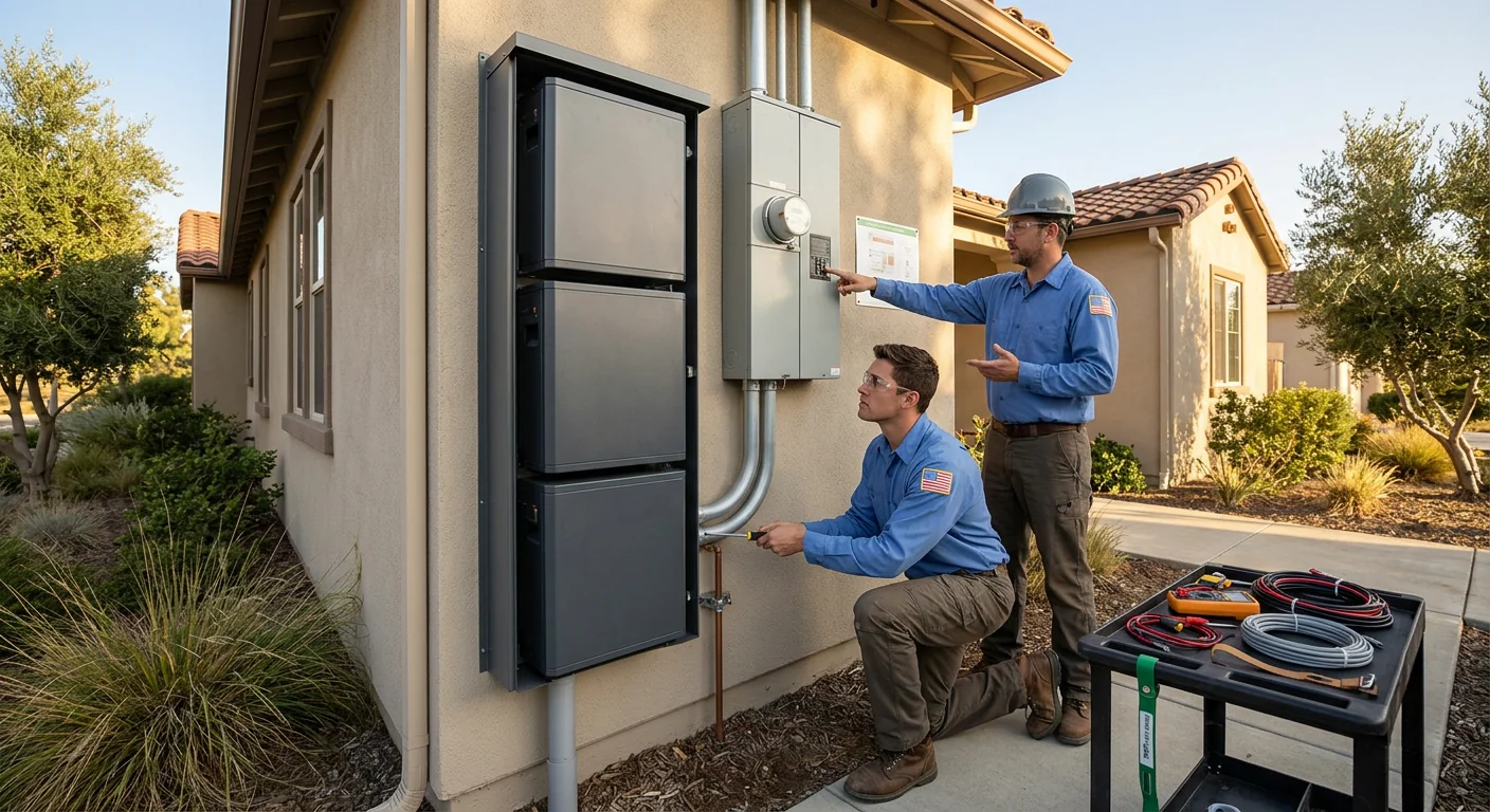 Wide shot of finished exterior battery install on a residential wall
