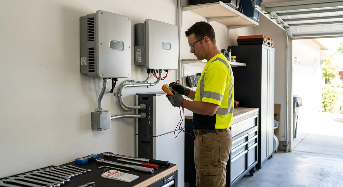 AC-coupled battery paired with existing inverter on a garage wall