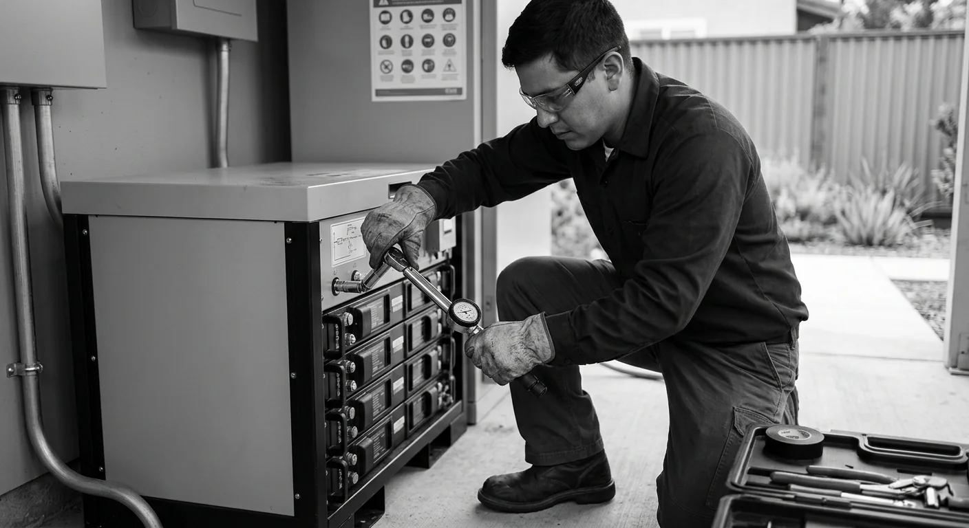 Trained technician torque-checking battery terminals during a safe solar storage installation in Gilroy