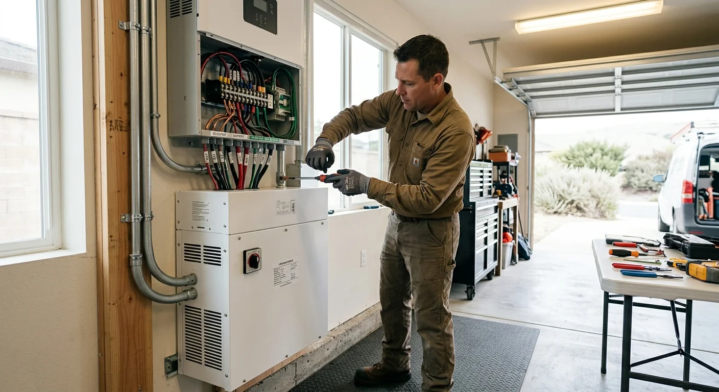 Wall-mounted solar battery and inverter wired to code in a Gilroy garage
