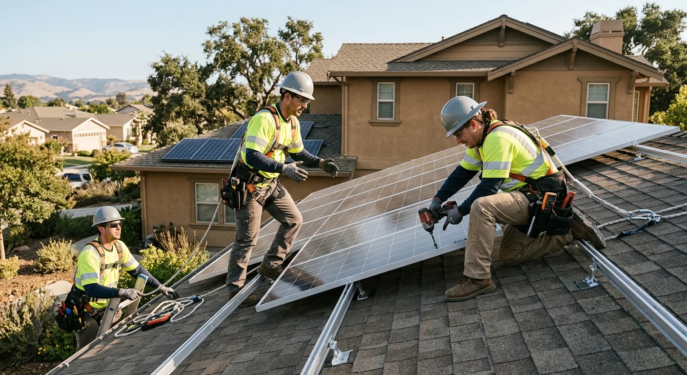 Solar technicians installing rooftop panels on a Gilroy home