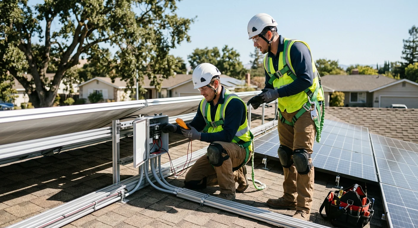 Solar technician reviewing rooftop panel layout at a Gilroy home