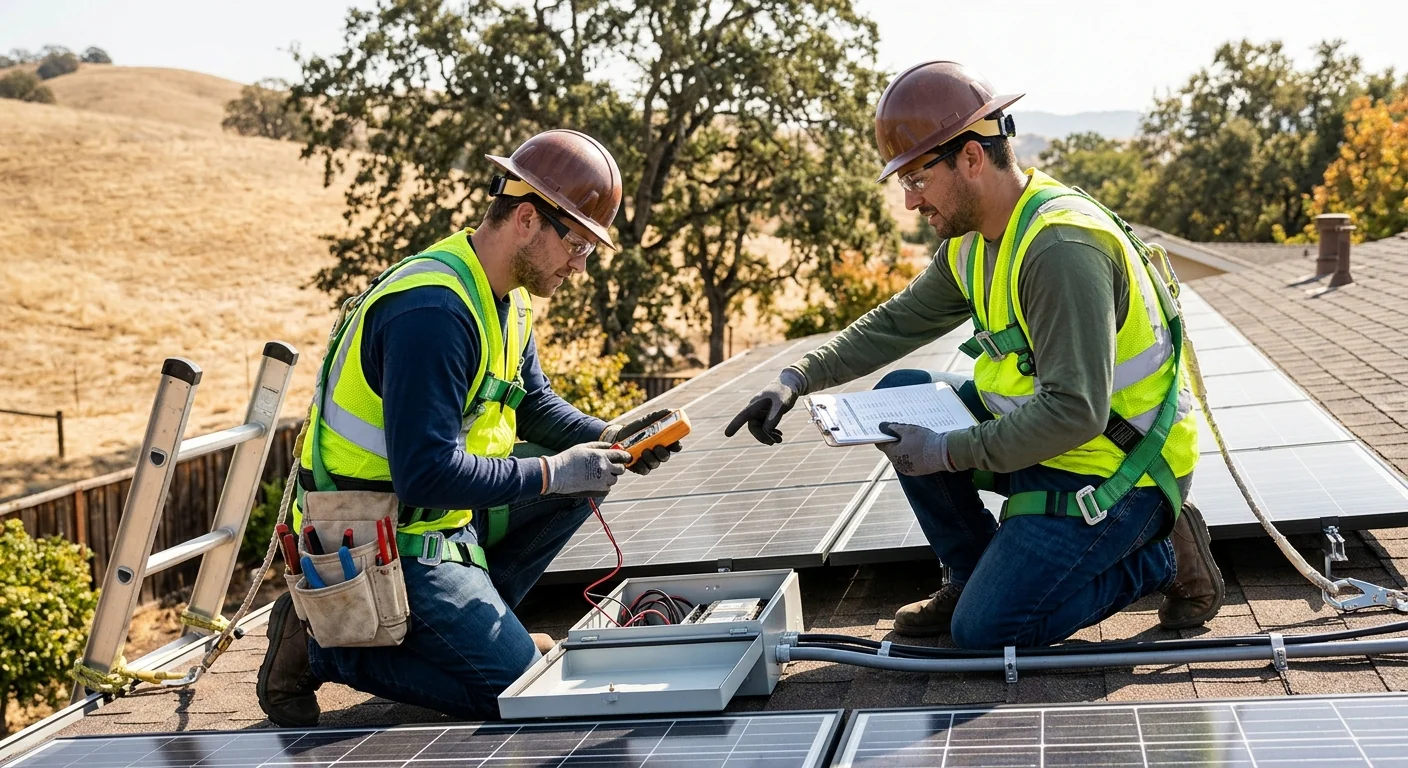 Technician reviewing rooftop solar layout with a Gilroy homeowner during estimate