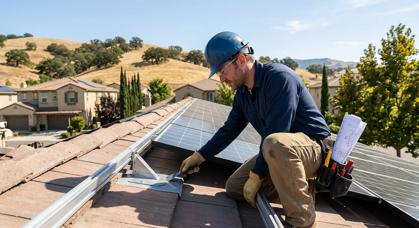 Technician inspecting rooftop solar racking and flashing on a Gilroy home