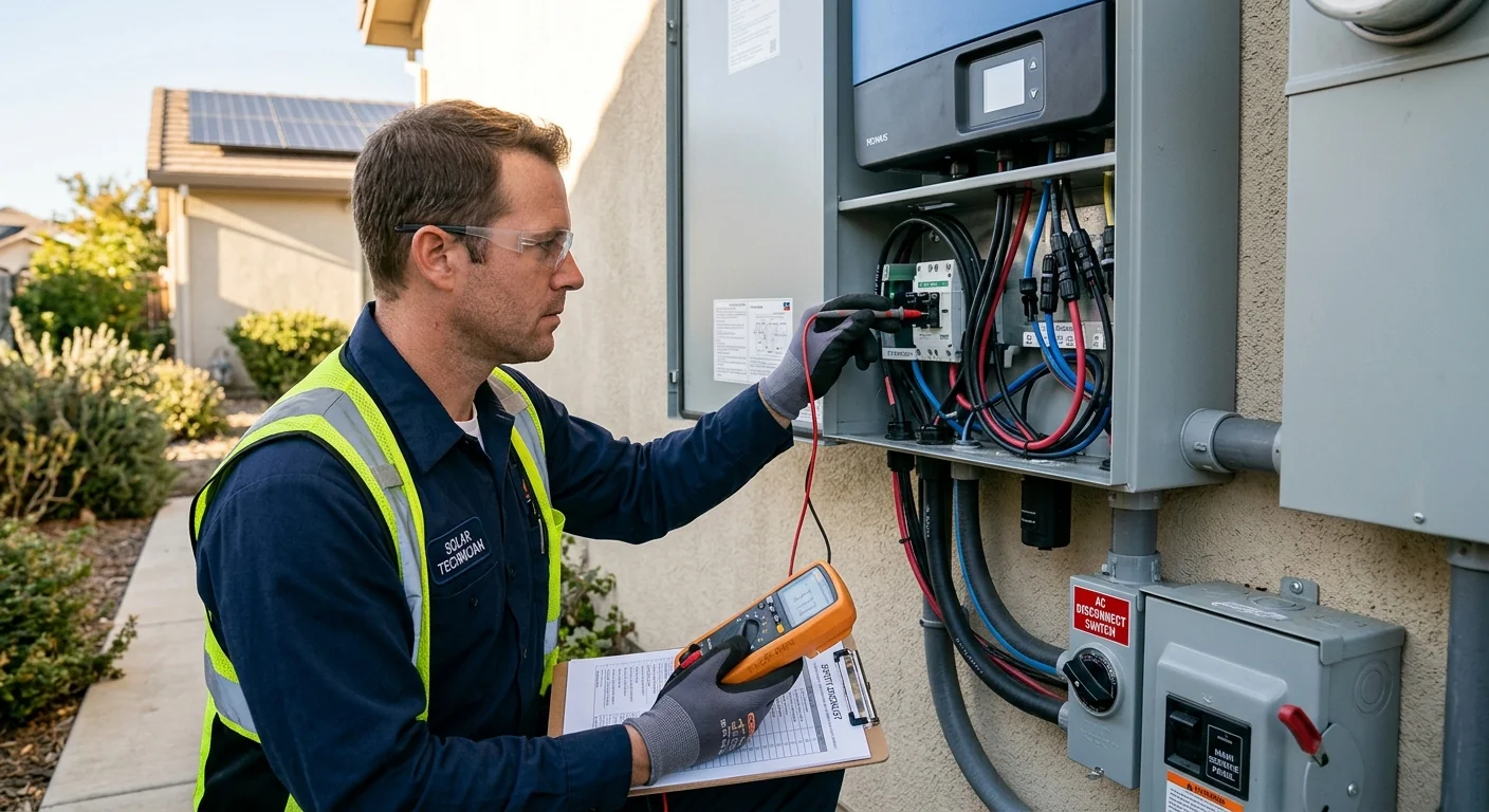Close view of solar wiring and inverter check during a safety inspection