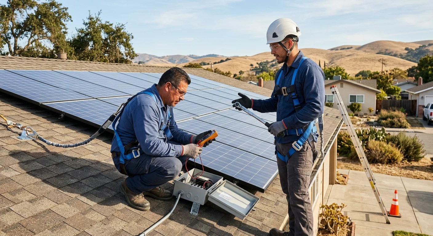 Crew inspecting solar panel mounts on a home roof