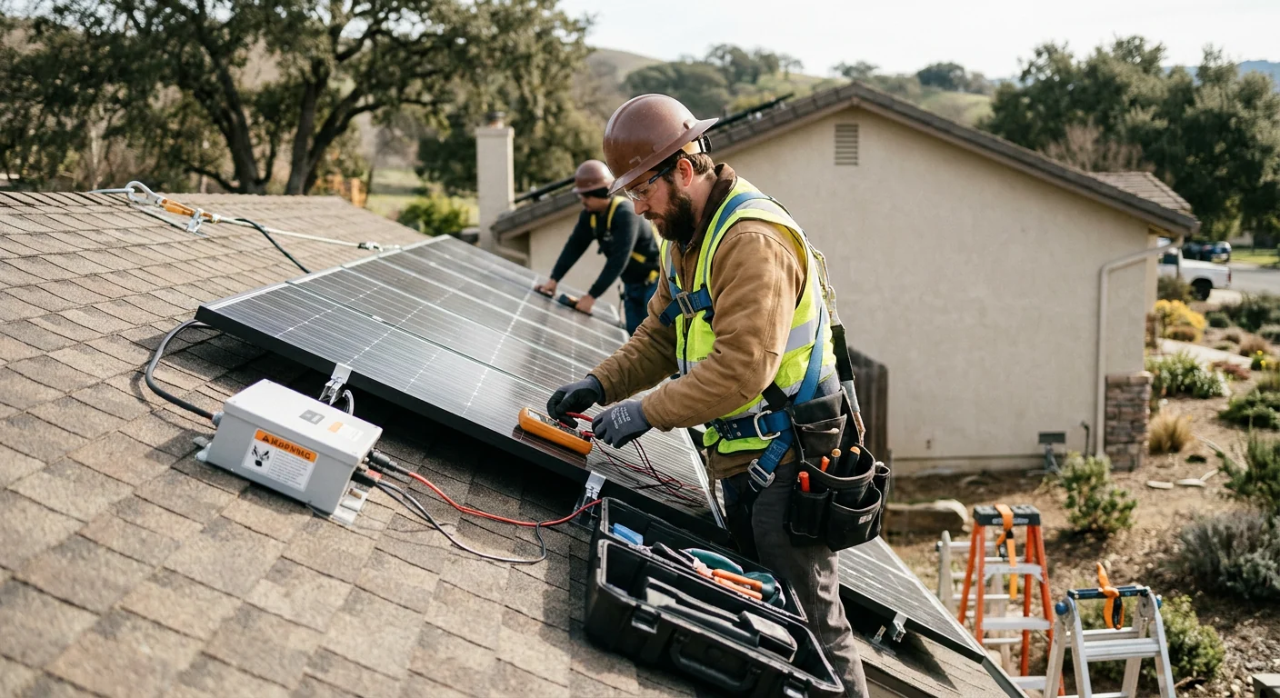 Solar technician inspecting rooftop panel mounts on a Gilroy home